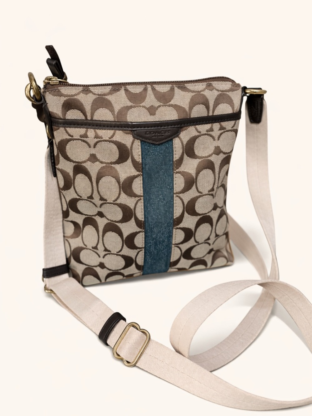 Coach Legacy Signature Stripe Crossbody Khaki Teal Jacquard Adjustable Strap